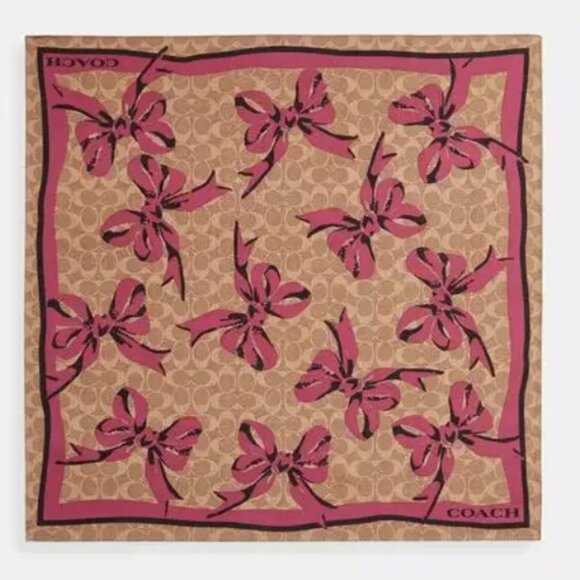 Coach Signature Bow Print Silk Bandana CZ527 Tan/Pink - Picture 1 of 5
